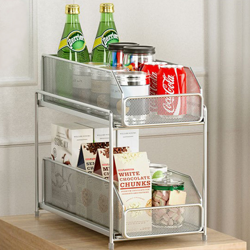 2-Tier Sliding Basket Drawer Organizer – Heavy-Duty Carbon Steel Storage for Kitchen, Bathroom, or Office