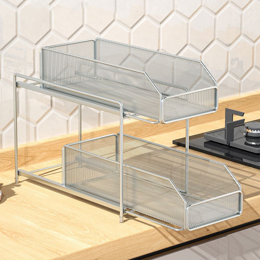2-Tier Sliding Basket Drawer Organizer – Heavy-Duty Carbon Steel Storage for Kitchen, Bathroom, or Office